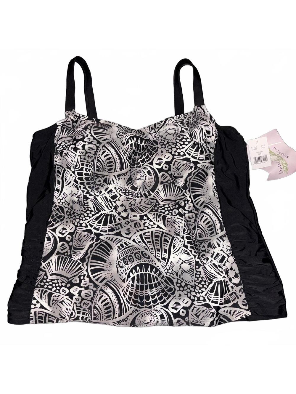Delta Burke Swimwear Black White Printed Tankini Top Plus 18W Summer Swim NWT